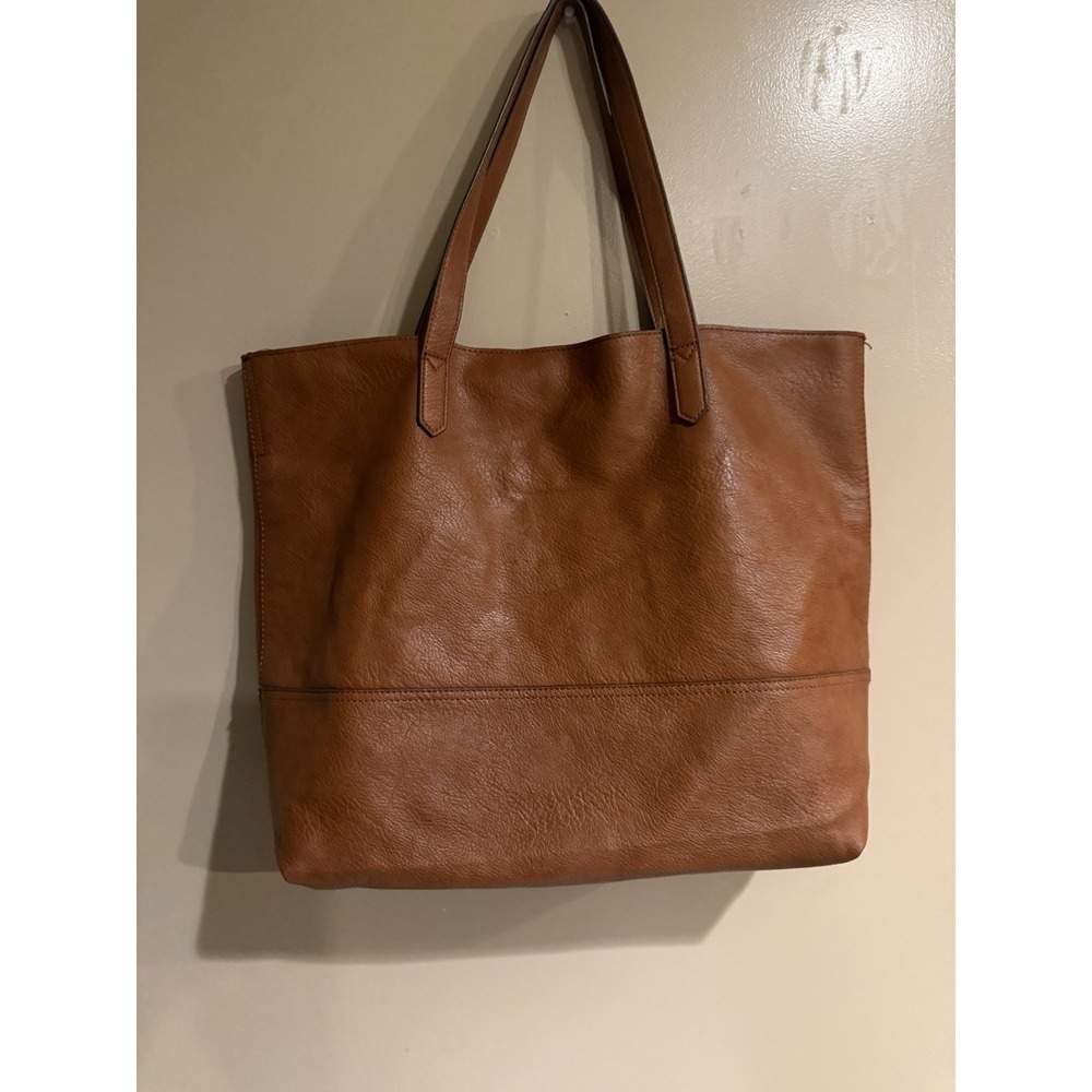 Overbrooke Brown Large Leather Tote  Charm Stitching Accent Inner Pocket Tassel